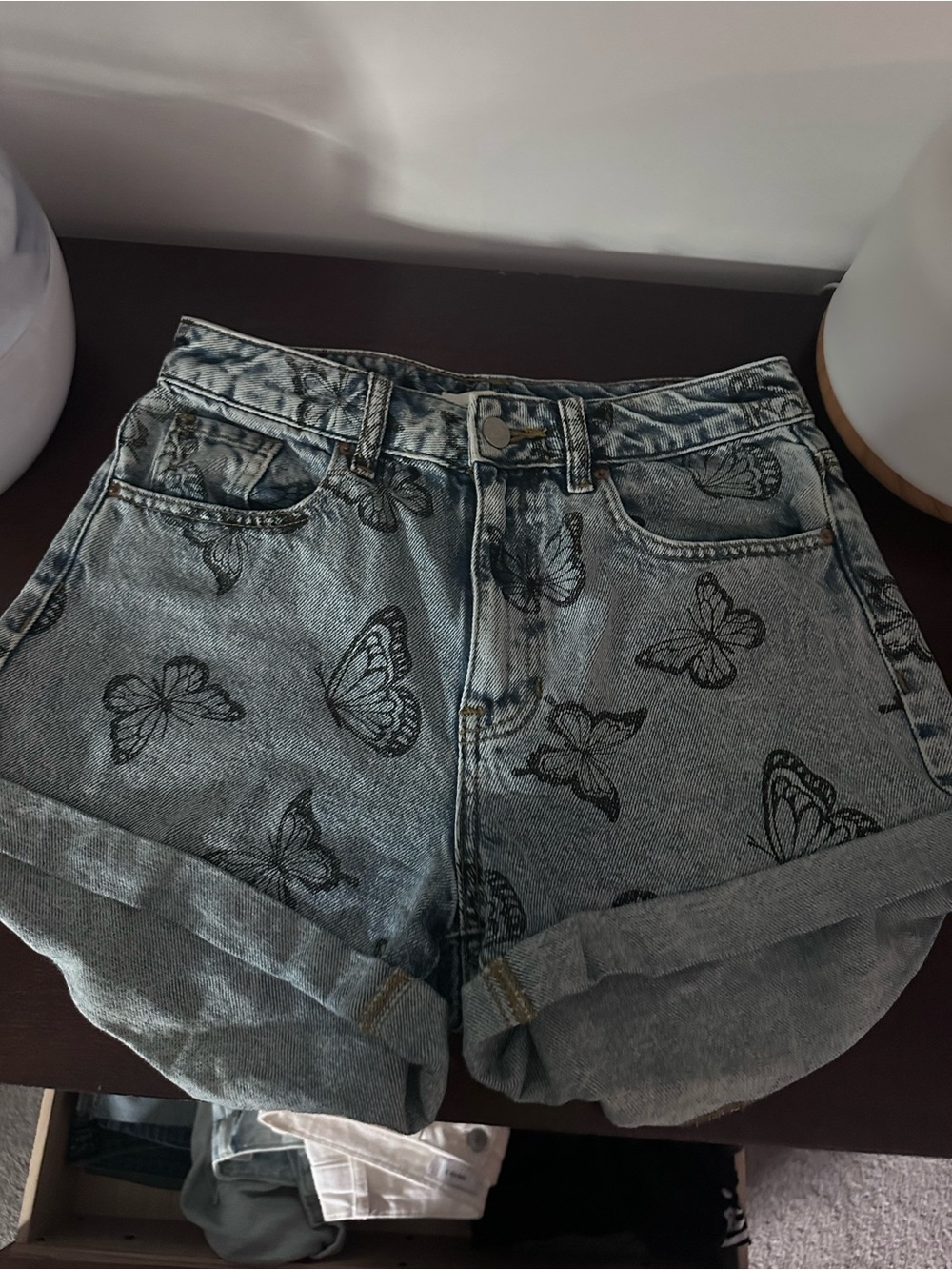 PacSun Light Wash Denim Butterfly Print Shorts